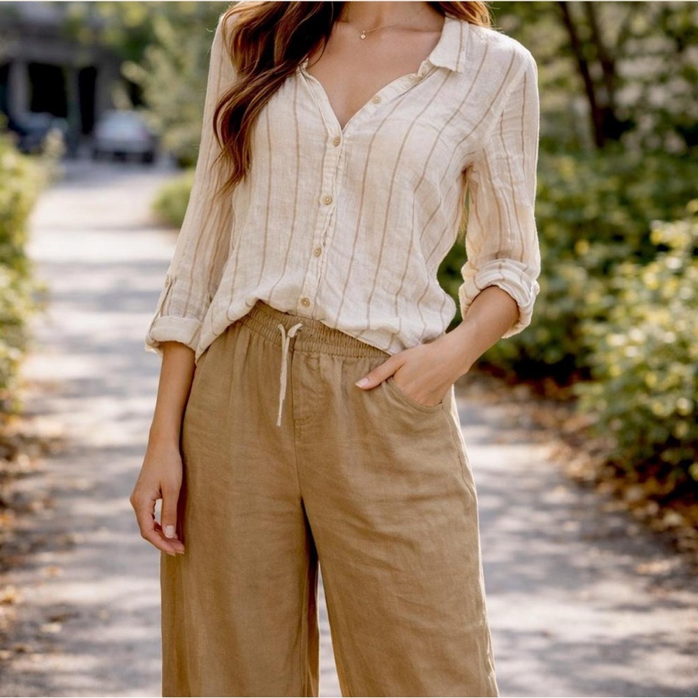 Tan & Cream Linen 2-Piece Set – Size S Top / XS Wide-Leg Pants